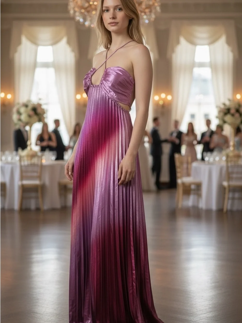 Pleated Metallic Pink Ombre Maxi Dress Size Small